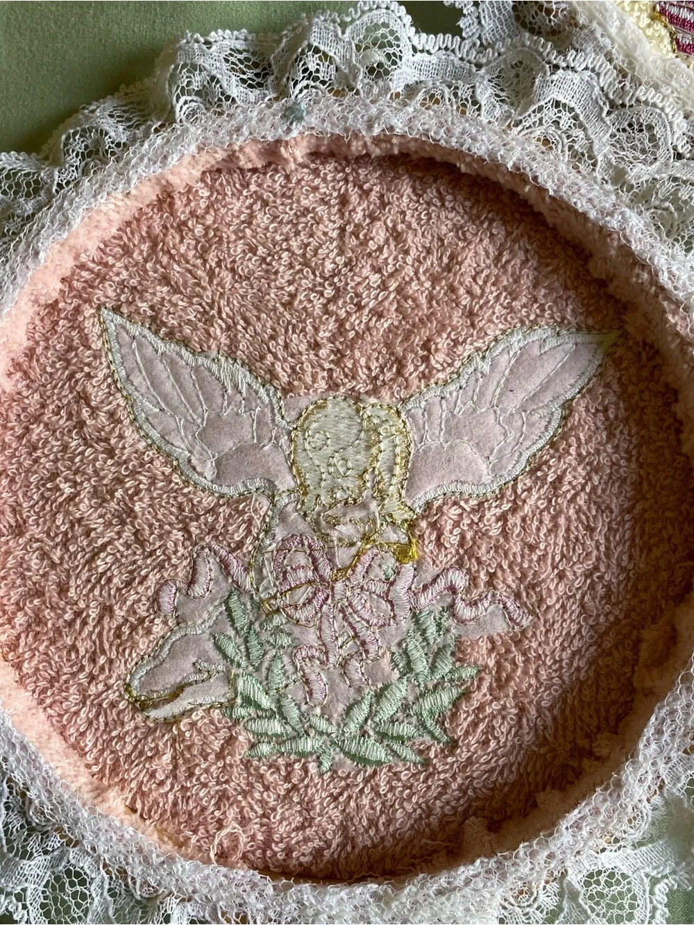 Vintage Angel Embroidered Wall Hanging Set Of 3 Lace Trim Handmade Decor